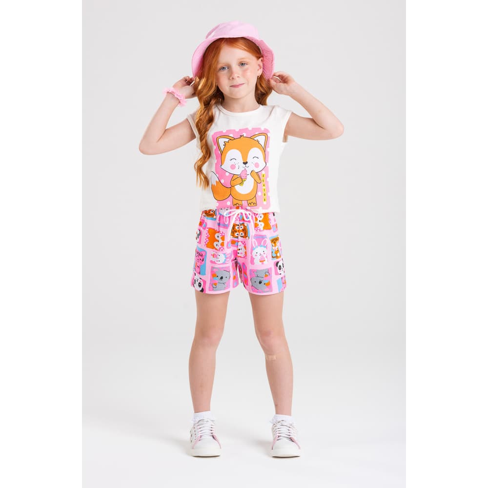 Conjunto Infantil Verão Feminino Raposa Happy - Off White | ED KIDS