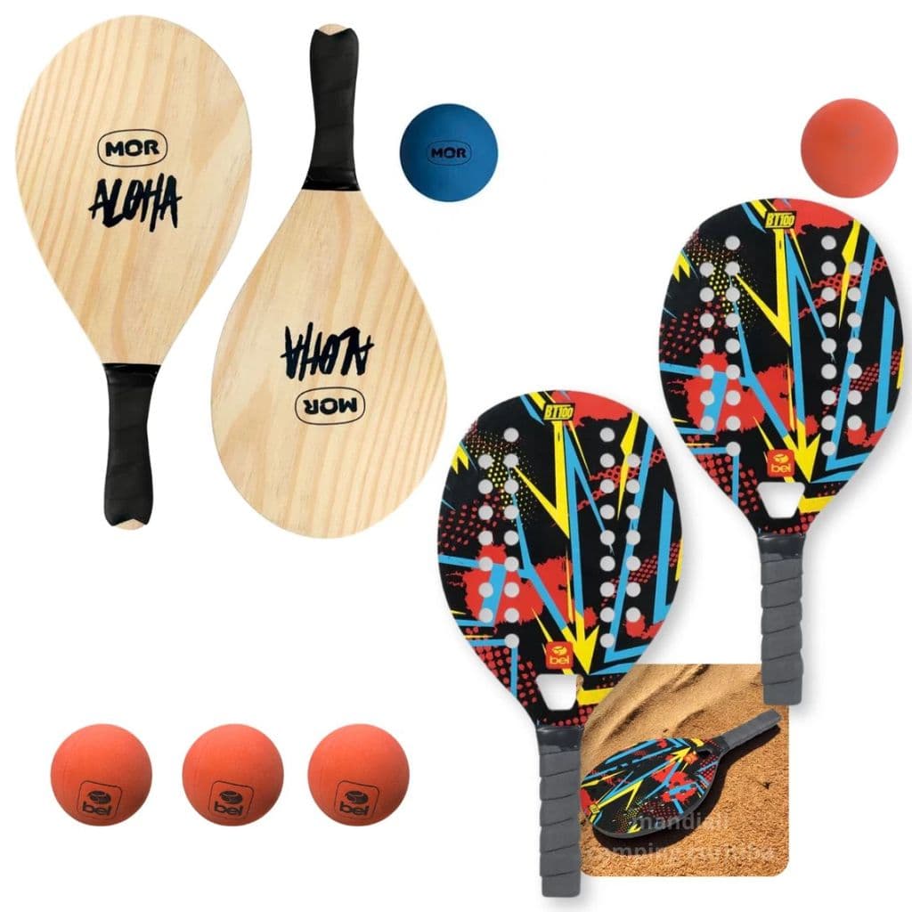 Conjunto 2 Raquetes para Beach Tennis Red + Jogo Frescobol em Madeira Aloha + 5 Bolinhas
