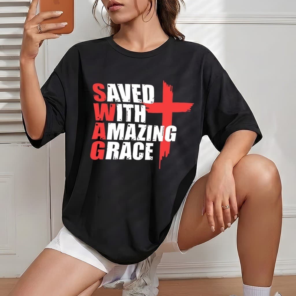 Camiseta Streetwear Gospel Saved With Amazing Grace T-shirt 100% Algodão Envio Rápido