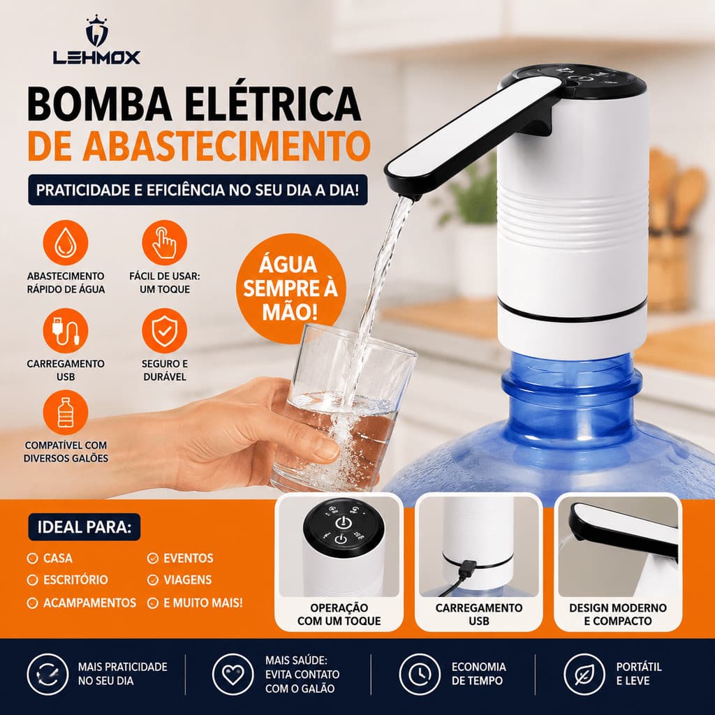 Bomba de água Elétrica Recarregável para Galão garrafão - Cor branca ,Dispense Automático, Display Digital, USB