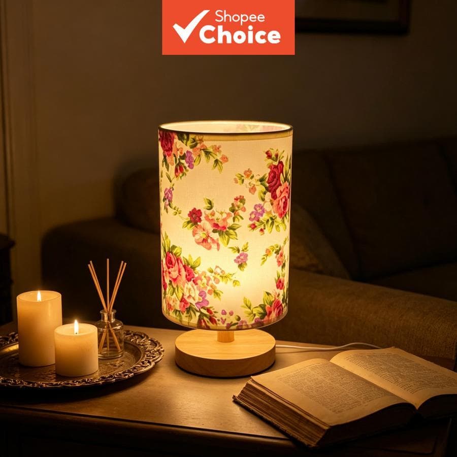 Lâmpada de Mesa de Madeira Rústica com Flores, Luminária Noturna de Tomada, Decorativa para Casa, Luz Noturna Suave e