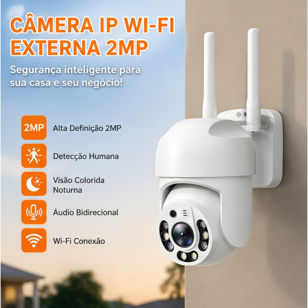 Câmera de Segurança WiFi Externa PTZ HD 360° Visão Noturna Colorida Áudio App iCSee