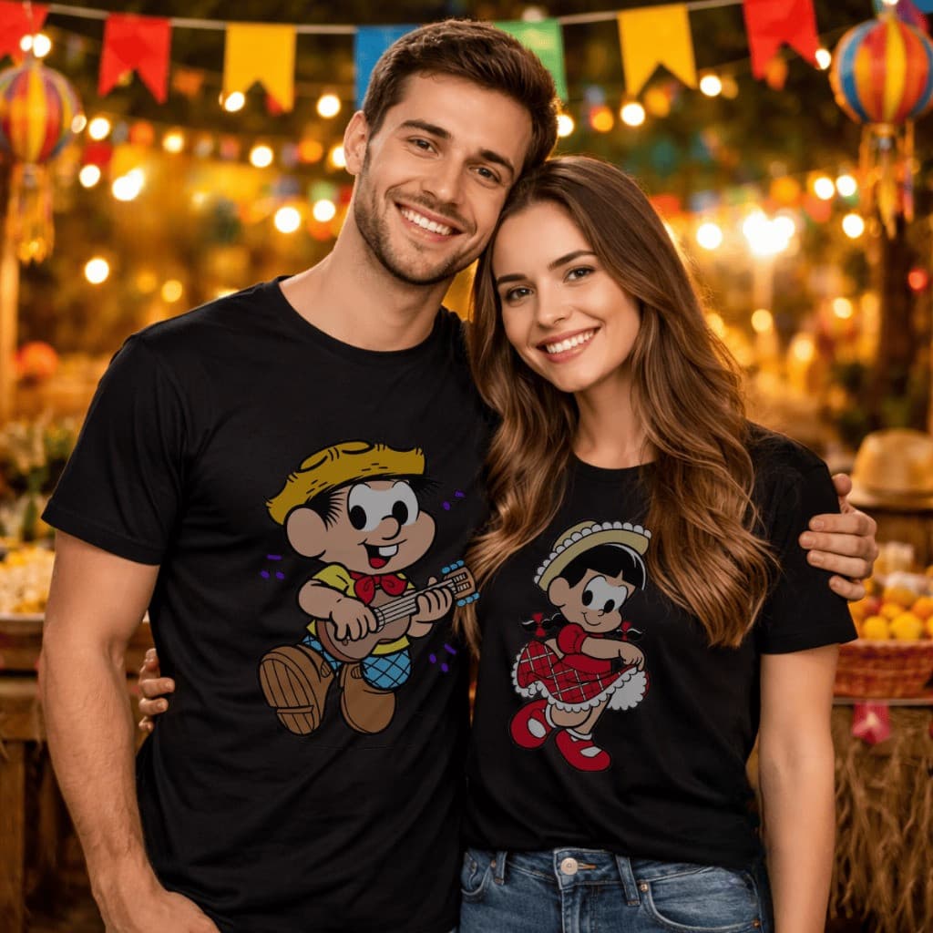 Kit Conjunto Camisa Camiseta Casal Chico Bento Rosinha Festa Junina Caipira Tendência 100% Algodão
