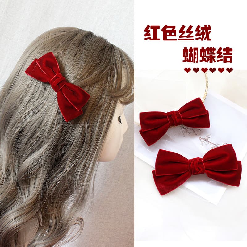Grampo de cabelo com laço de veludo vermelho, grampo de cabelo japonês doce para ano novo, crianças, meninas, rabo de ca