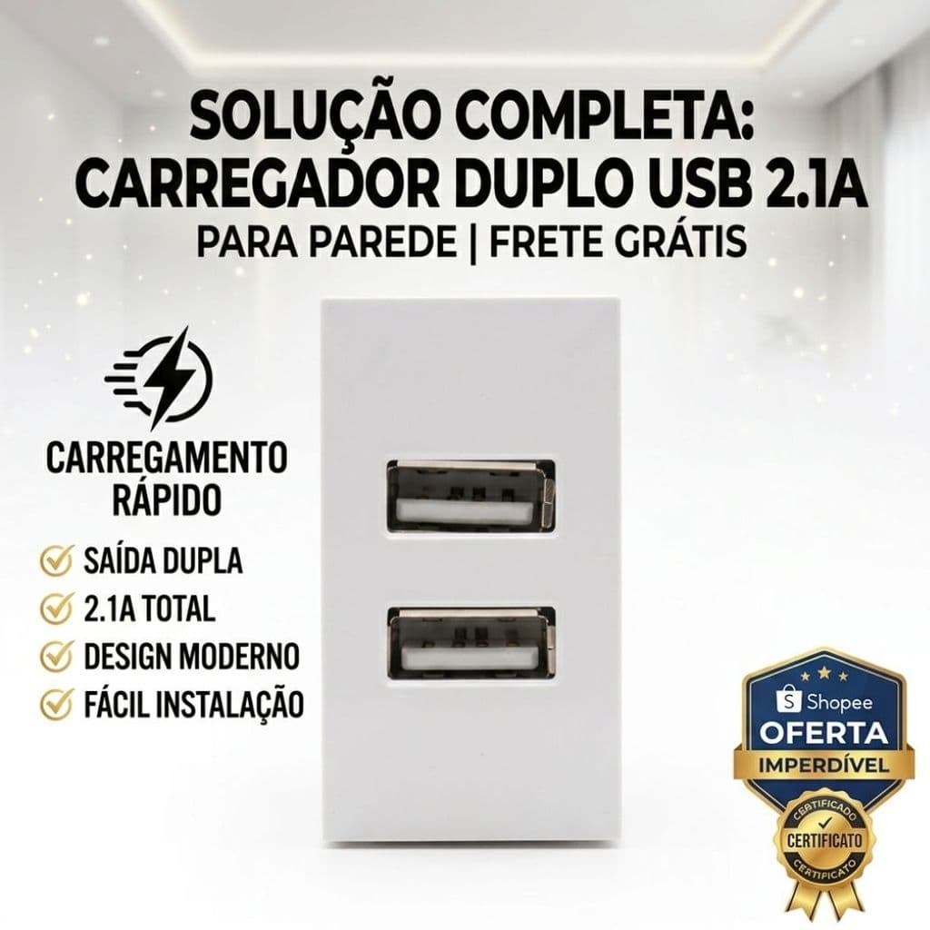 Tomada USB Parede Carregador 2 Portas Bivolt carregamento Rápido Quartos Escritórios