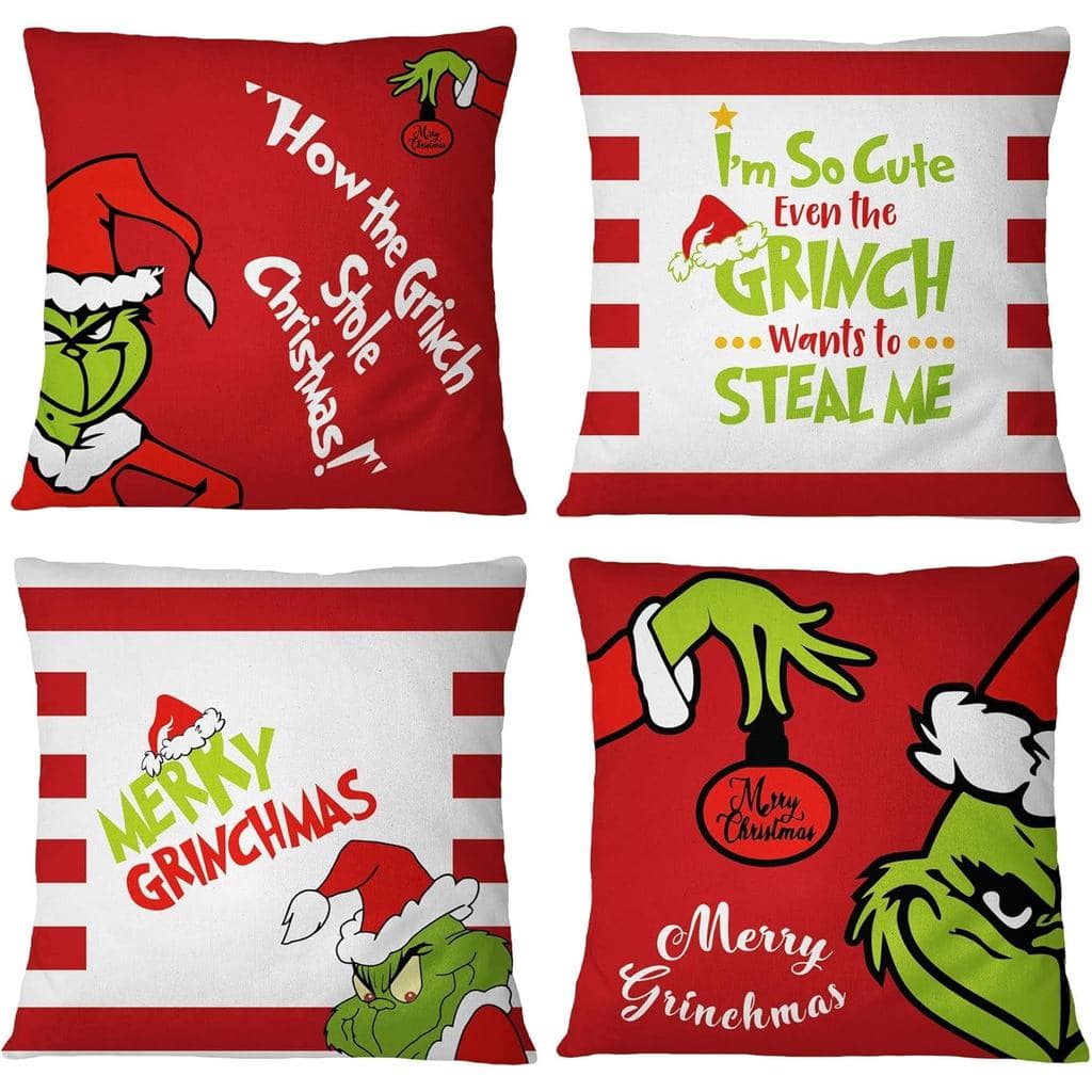 SUNWISHA Christmas Pillow Covers 18x18 Set of 4 - Red Xmas Decorations for Farmhouse Party - Patterned Cushion Cases for