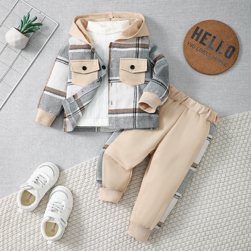 Conjunto De Inverno Casual Formal De 2 Peças Para Bebês Meninos De 9 Meses A 4 Anos , Jaqueta Xadrez Com Capuz + Calças