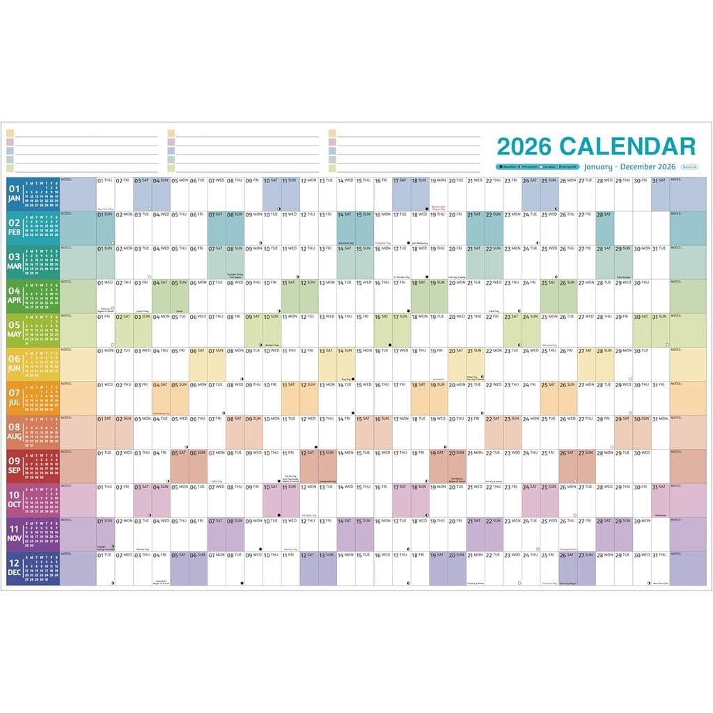 Calendário de Parede Anual 2026 - Grande Calendário Anual 2026, Jan 2026 - Dez 2026, 38,2'' x 25,2'' (Aberto), Calendári