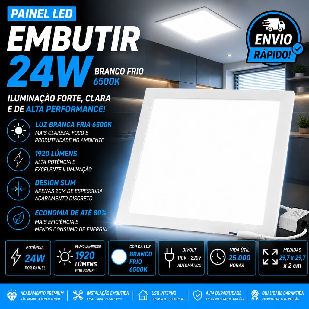 Painel Plafon LED Embutir 24W Quadrado Branco Frio Luminária Para Teto Gesso Forro Paylow