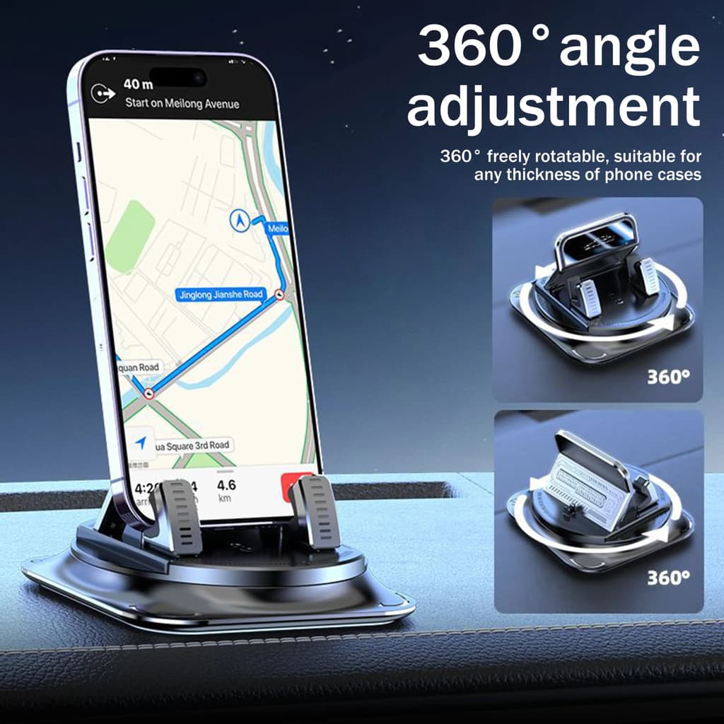 Suporte Veicular Giratório 360°, Antiderrapante para Painel, Operação com Uma Mão, Braçadeira de Mola Ajustável,