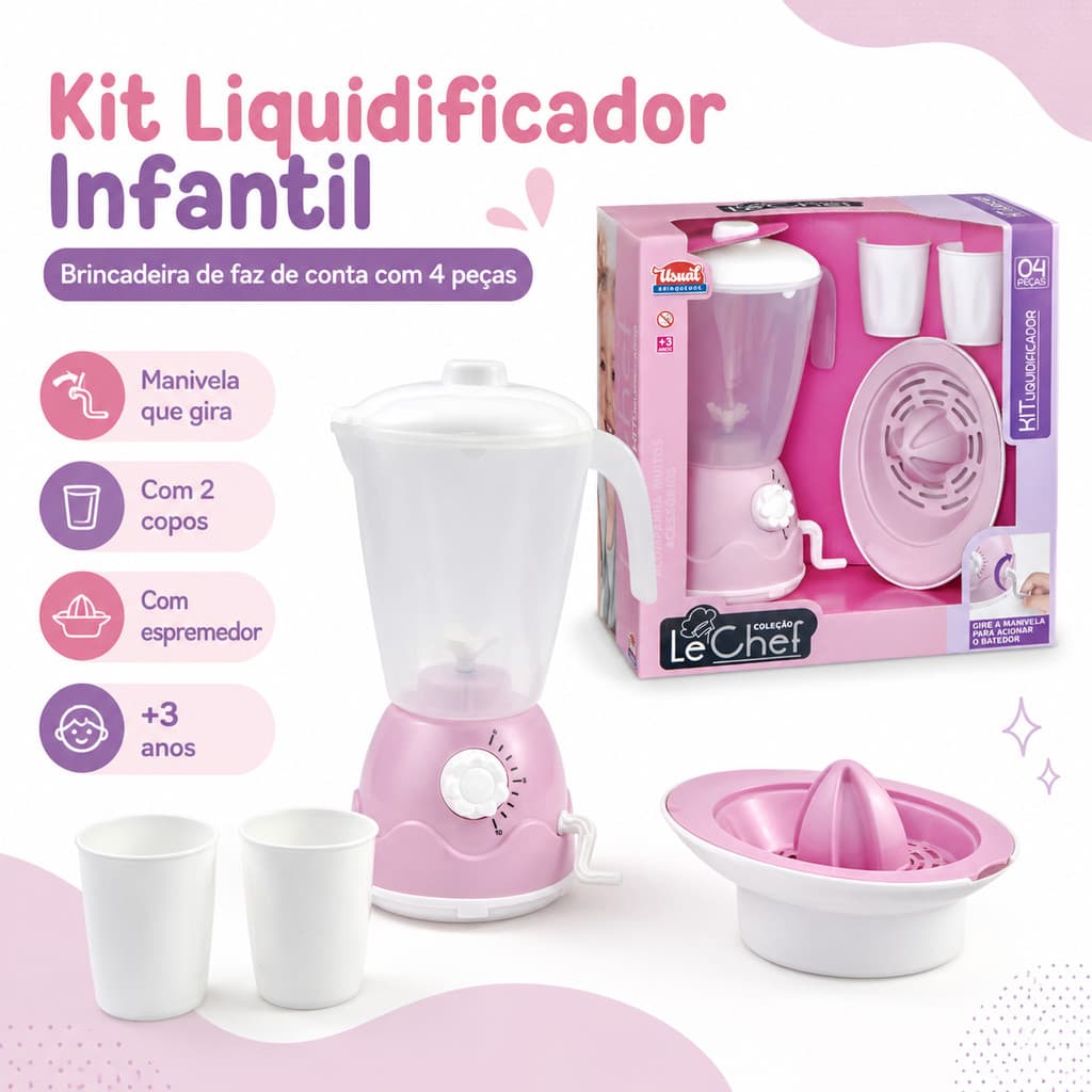 Kit Liquidificador Infantil De Brinquedo New Le Chef Usual Com Acessórios