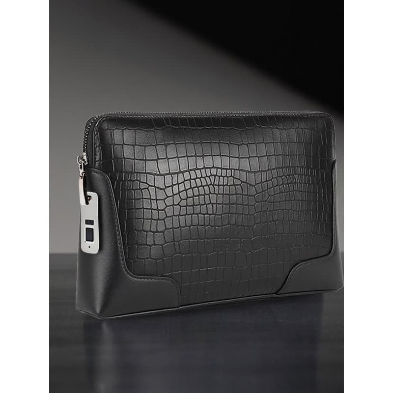 Impressão digital desbloquear embreagem masculina couro genuíno simples Casual pasta saco moda embreagem grande capacida