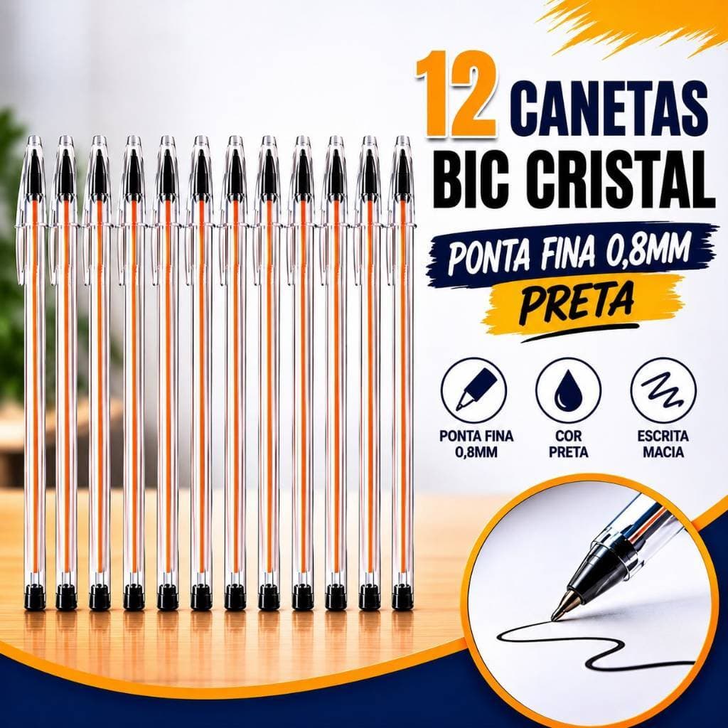 KIT 12 CANETAS BIC CRISTAL PONTA FINA PRETA 0,8mm CANETA ESFEROGRAFICA ESCOLAR/ESCRITORIO
