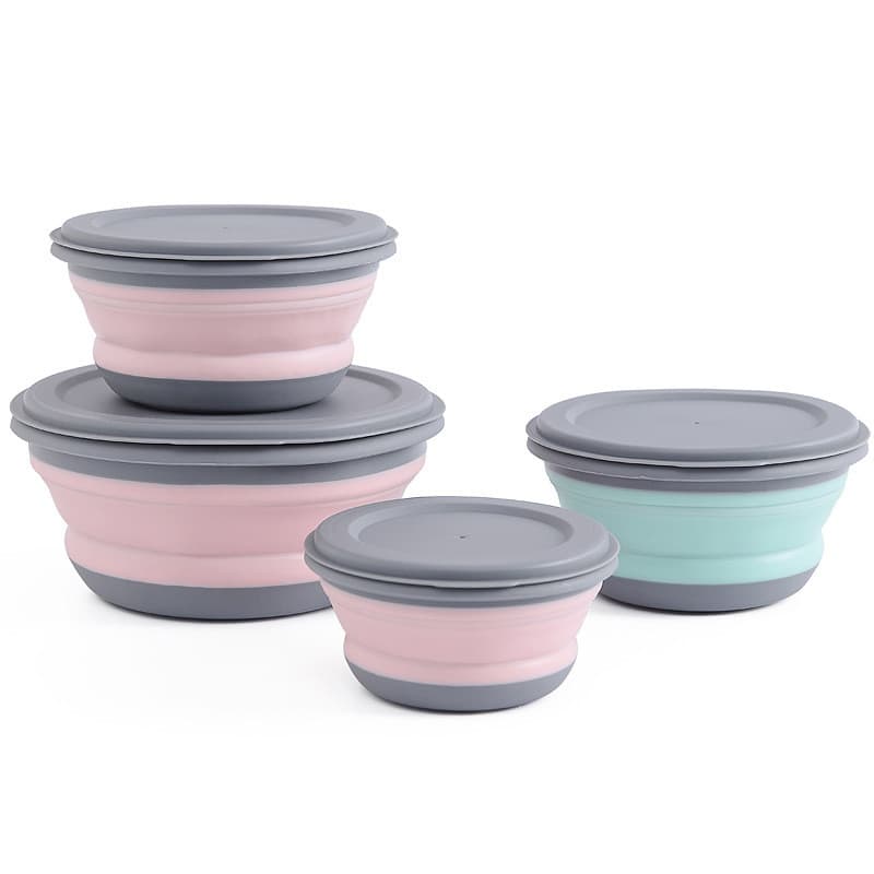 [Estoque Pronto] Tigela Dobrável De Silicone Conjunto De 4 Peças Lancheira Portátil Para Viagem Ao Ar Livre Talheres Ani
