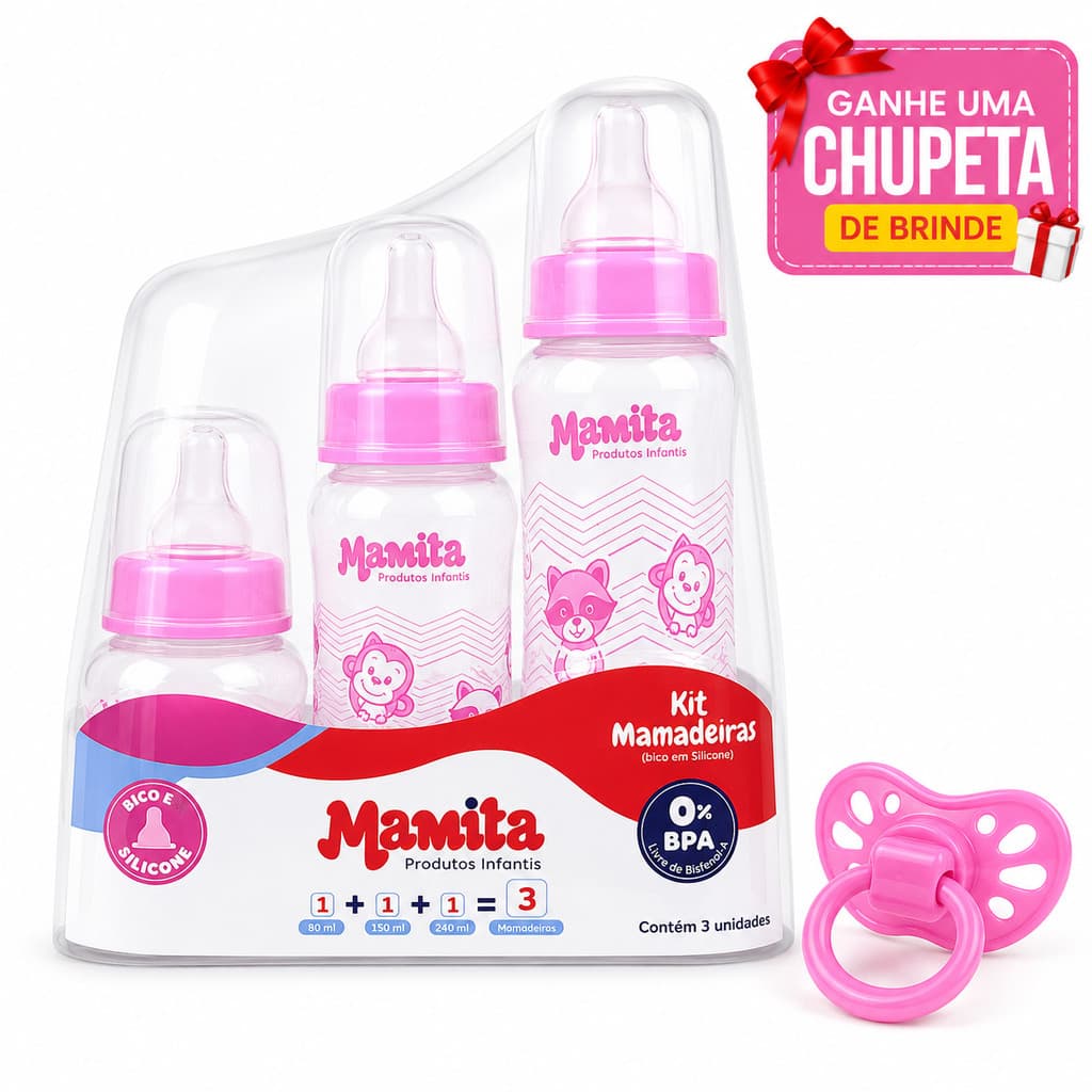 Kit Mamadeira Mamita Decorada (80ml - 150ml - 240ml) Bebê Menina Menino - Kit 3 Mamadeiras Presente