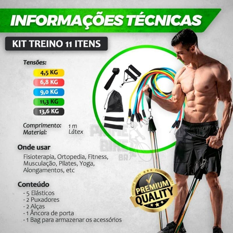 Kit Elástico de Resistência 11 Peças para Exercícios Musculação Fitness e Treino em Casa