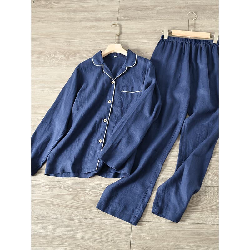 Terno de linho masculino roupas para casa feminino outono algodão linho casal pijamas de manga comprida puro linho roupa