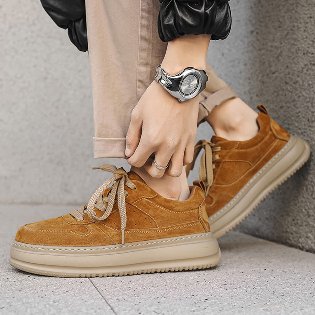 Retro tênis de sola grossa masculino couro genuíno marrom sapatos masculinos primavera sapatos de couro casuais camurça