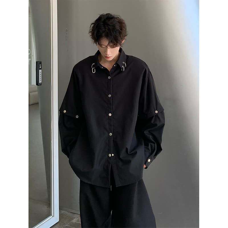 Camisa acolchoada de ombro preto masculina street Wear bonito frito rua destacável camisa de manga comprida perfil High-