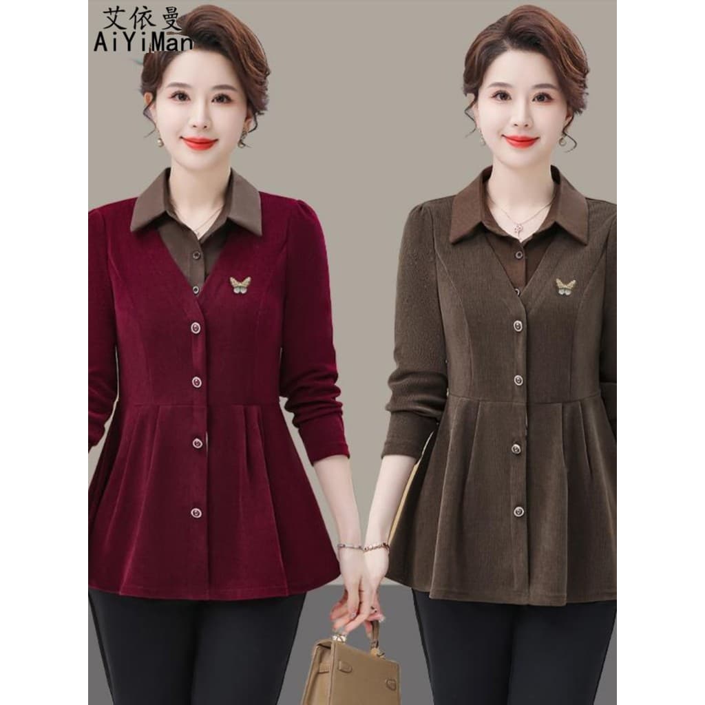 Mãe de meia-idade usar primavera outono estilo ocidental falso camisa de duas peças feminina solta mais magro olhar capa
