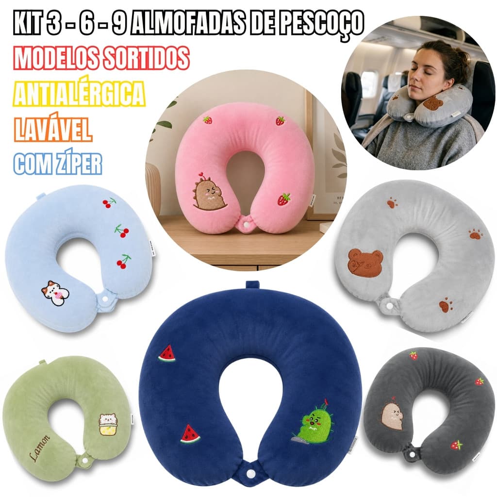 Kit Almofadas de Pescoço Sortidas Antialérgicas Laváveis com Zíper