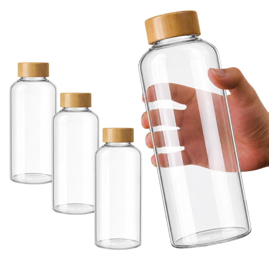 Kit 3 Garrafa Squeeze De Vidro Água Chá Suco 1 Litro Tampa Bambu