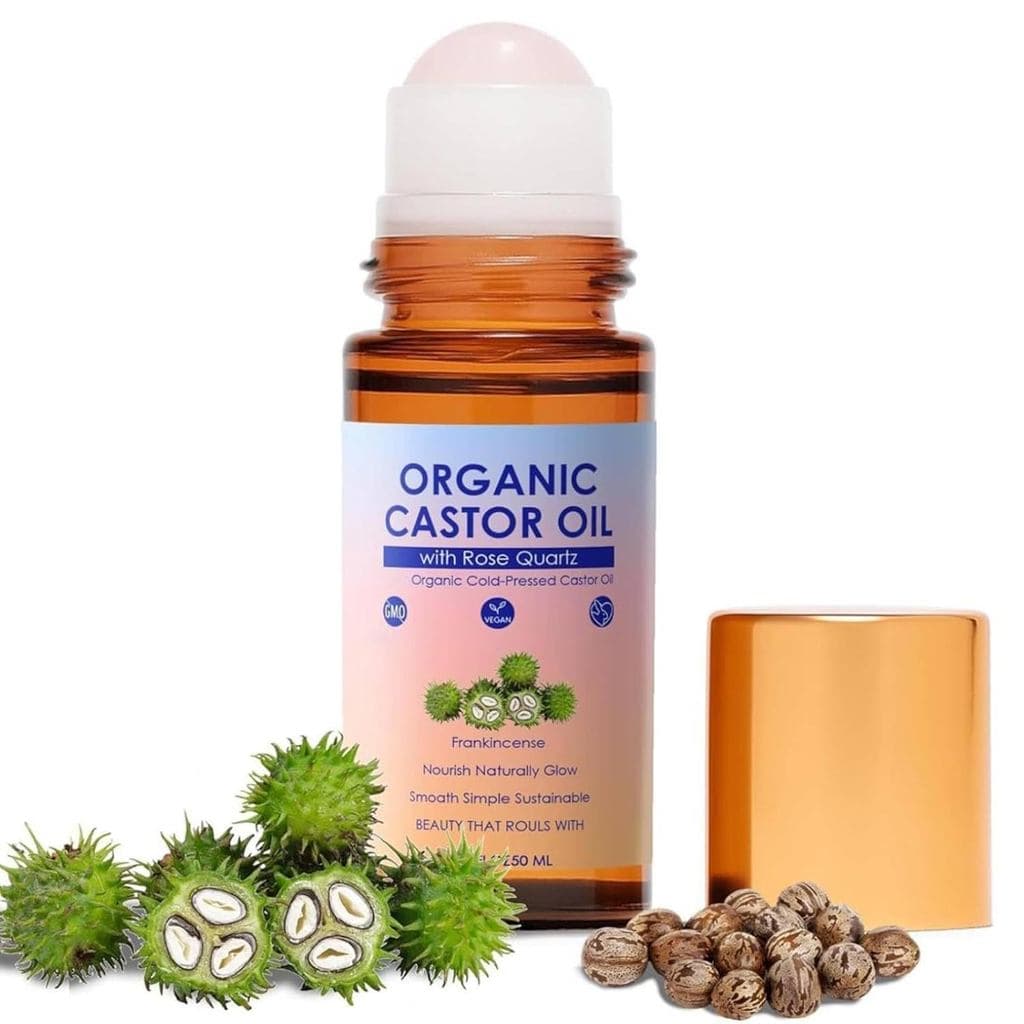 Óleo de Rícino Orgânico com Aplicador de Quartzo Rosa, Óleo de Rícino Orgânico Roll-on, Óleo de Rícino Orgânico Prensado