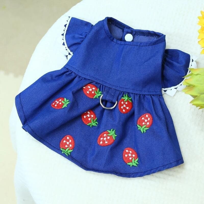 Roupa para Animais de Estimação, Vestido de Princesa de Morango em Denim Azul Fino para Cães e Gatos, Primavera e Outono