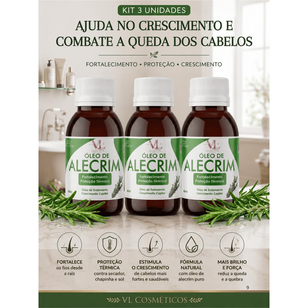 Kit 03 Óleo De Alecrim  Vl Cosméticos - Crescimento - Fortalecimento - Proteção Termica dos Fios