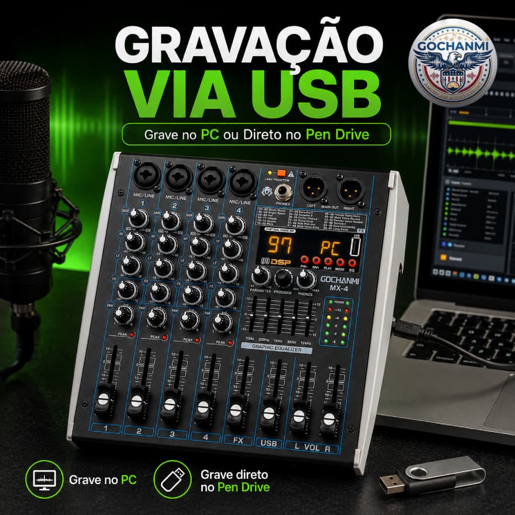 Mixer MX4 Gochanmi 4 Canais Com Gravação USB Bluetooth E Phantom 48V