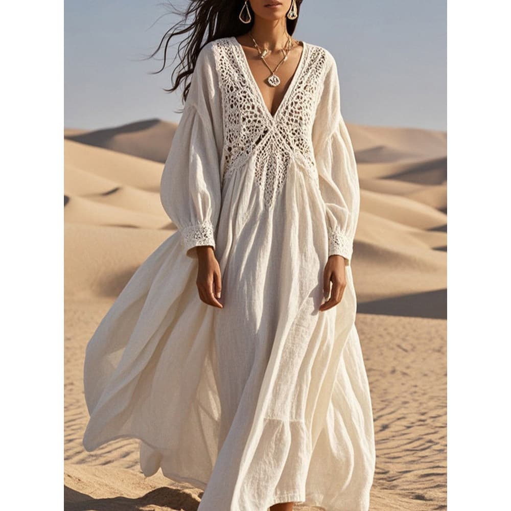 Vestido Feminino De Renda Vazada De Manga Comprida