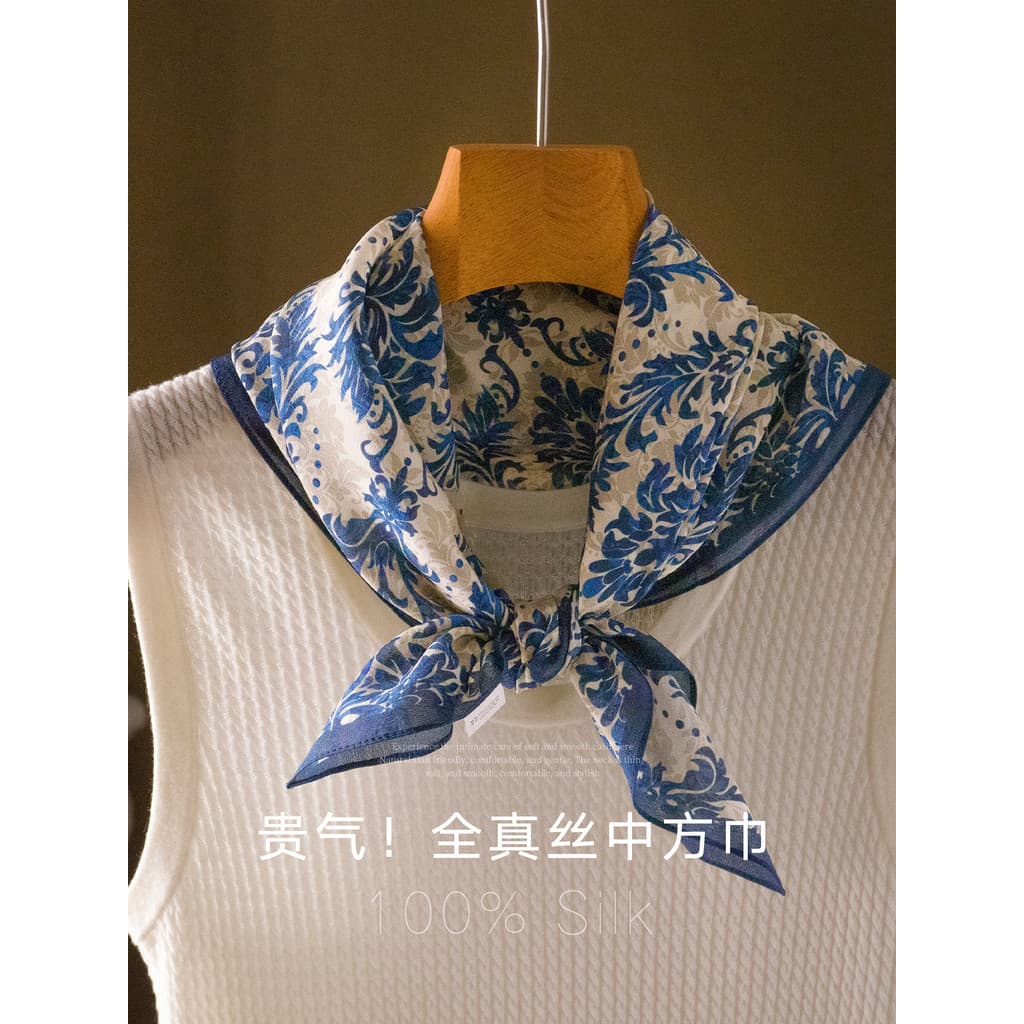 Lenço de seda azul feminino 2026 novo estilo pequeno pescoço quadrado High-End pescoço proteção verão estilo fino protet
