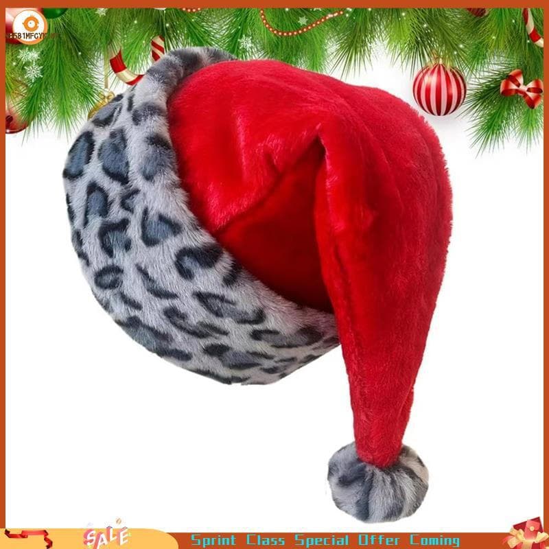 [Best seller] Chapéu De Papai Noel De Pelúcia Com Estampa De Leopardo , Camada Dupla , Macio , Elegante , Natal Para Dec