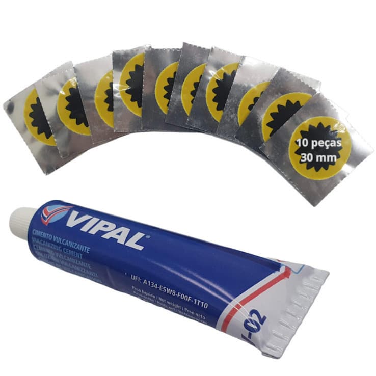 Kit 10 Remendos Moto Bicicleta Camara de Ar 1 Colas de Remendo Vipal 15g e 10 Remendos 30mm A Frio