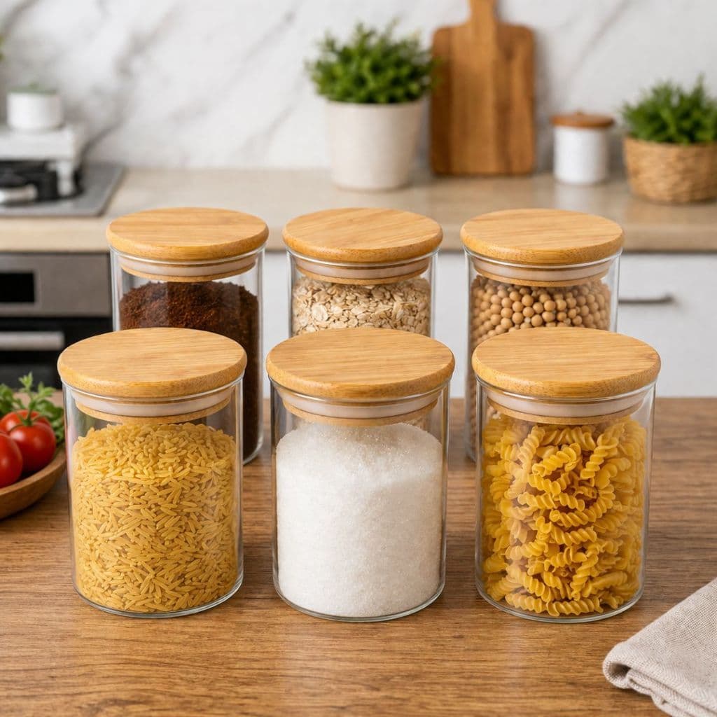 Kit 6 Pote Hermético Mantimentos 300ml Alta Vedação Cozinha Organização Tampa de Bambu Dupla Vedação