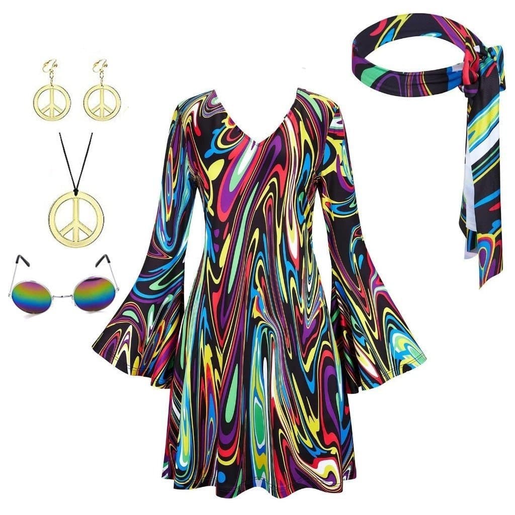 Fantasia Feminina Hippie dos Anos 70, Vestido Retrô com Estampa de Manga Longa e Faixa de Cabelo, Disco, Baile de Gala.