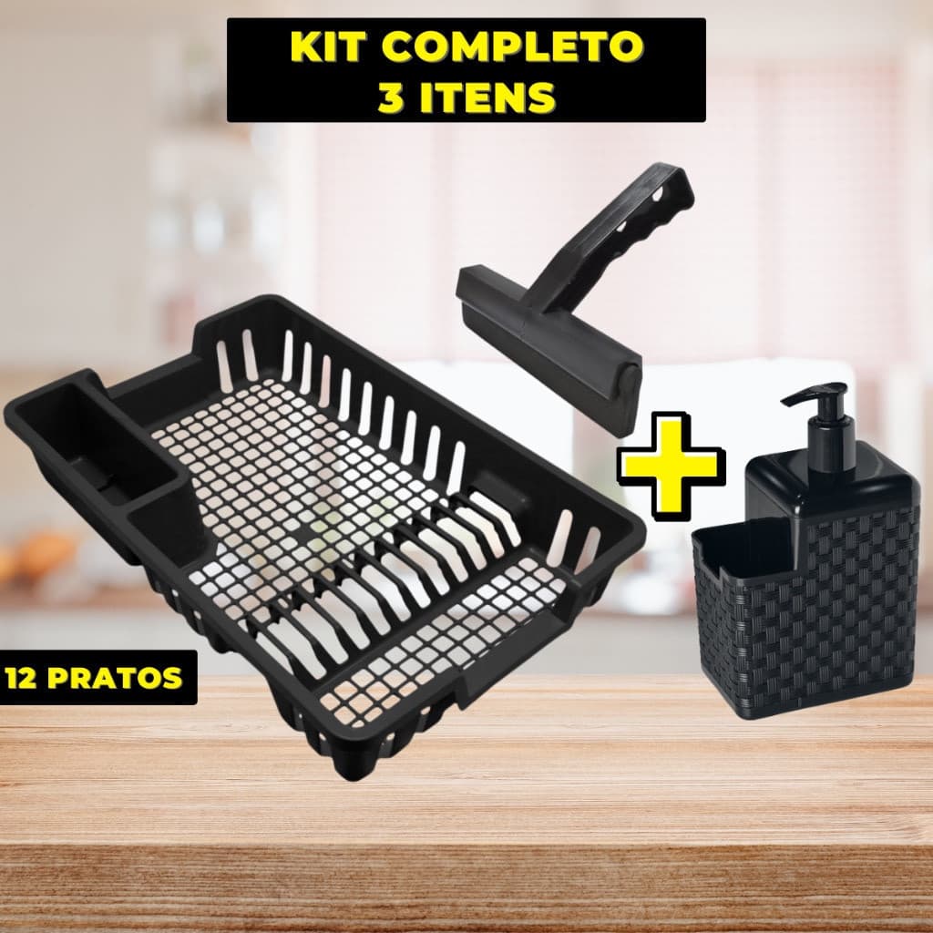 Kit Escorredor de Louça 48cm com Rodinho e Porta Detergente Kit Preto