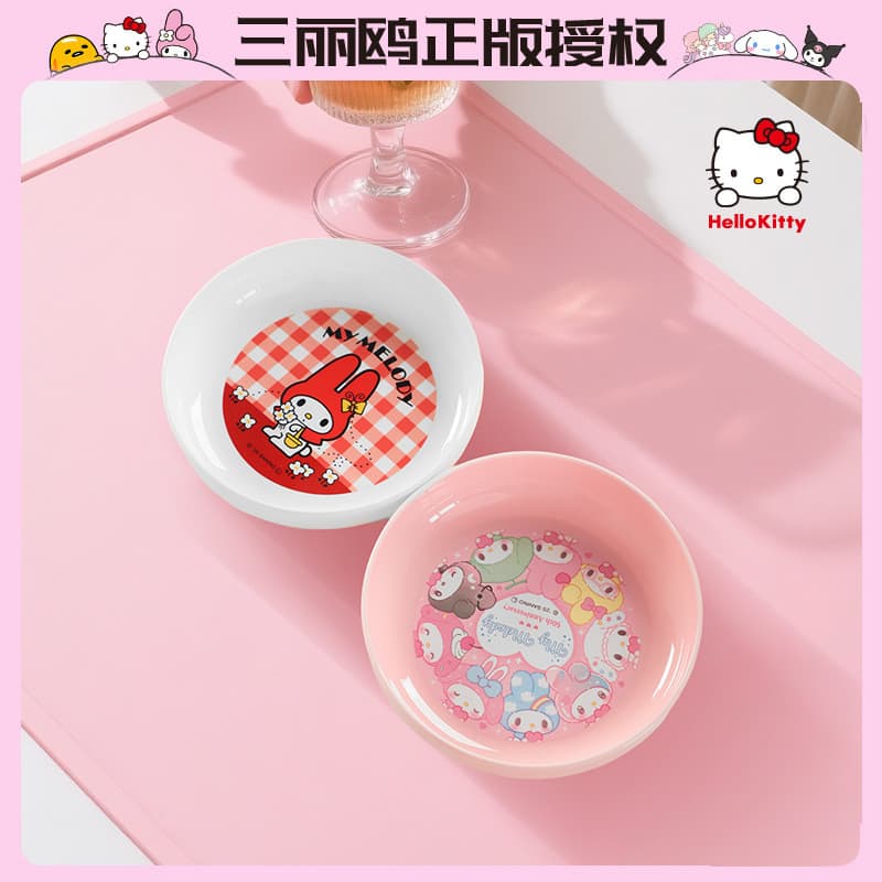 Sanrio melodia prato de jantar infantil bonito dos desenhos animados bandeja de armazenamento redonda lanche prato de fr