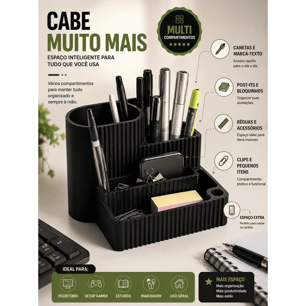 Organizador Mesa Porta Caneta Lápis Maquiagem Multiuso Premium Preto Branco Escritório Home Office