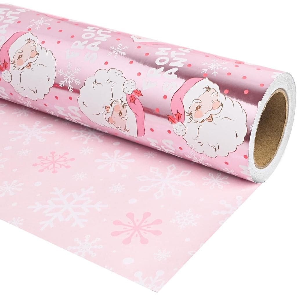 Altarho Christmas Wrapping Paper Mini Roll 17 inch X 16.5 Feet Printed on Pink Metallic Foil Paper - Reversible, Santa a