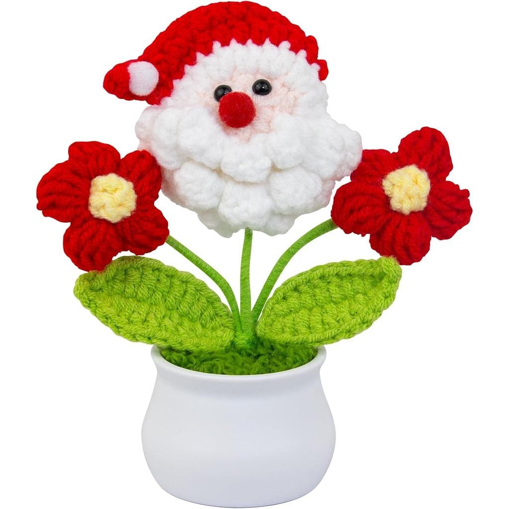 Handmade Crochet Santa Claus Flower Pot Decoration - Christmas Tabletop Ornament with Flowers Knit Knitted Wool Doll Fes