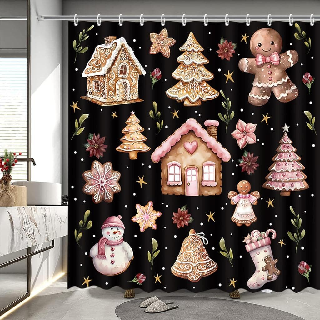 Cortinas de Chuveiro MEHOFOND com Tema de Natal e Boneco de Gengibre, Pretas, Decorativas com Casa de Gengibre e Boneco
