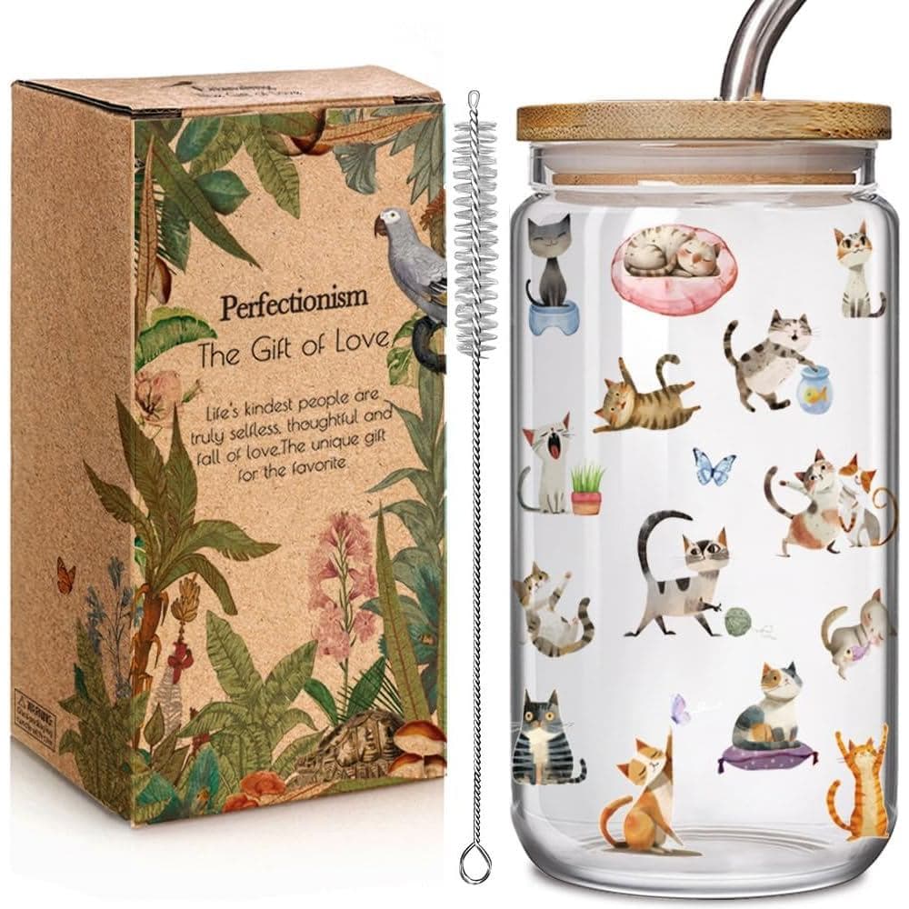 Copos de Vidro Divertidos com Tema de Gato, com Tampas e Canudos, Presentes para Mulheres e Meninas que Amam Gatos, Pres