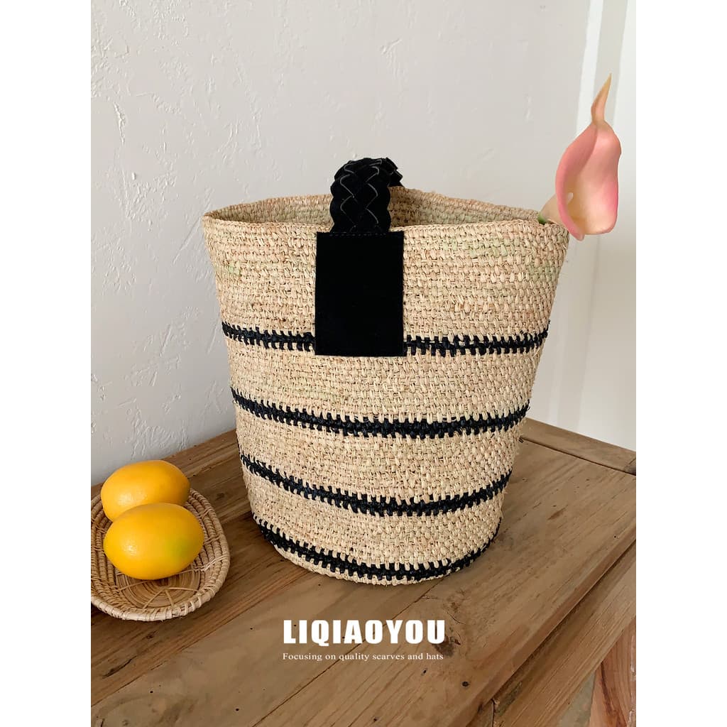 High-End nicho-ráfia tecido preto listrado balde saco feminino primavera verão lazer férias palha bolsa de ombro coreia