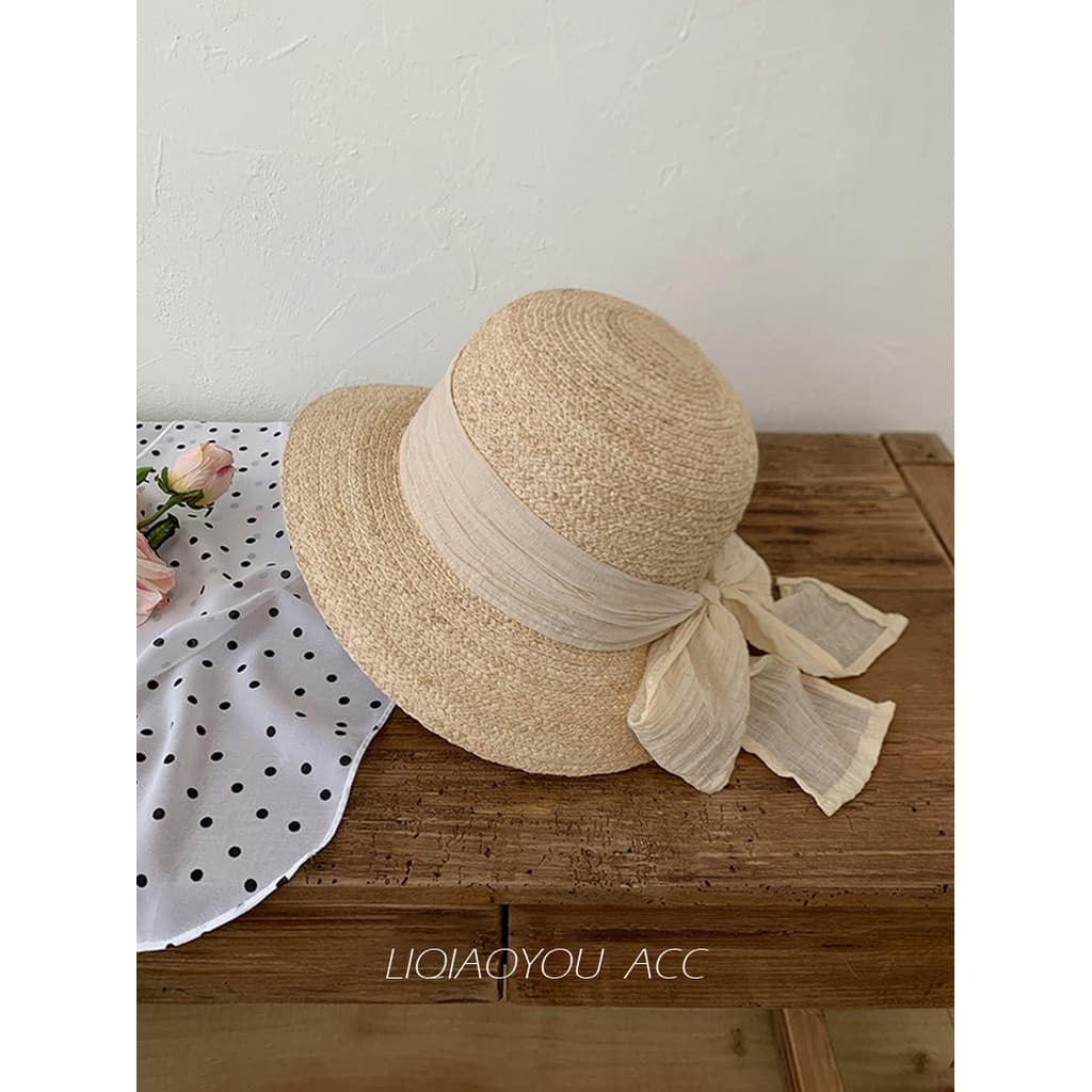 Rima Fada da Ilha Li Qiaoyou | Chapéu de palha de ráfia com laço francês feminino à beira-mar férias guarda-sol chapéu b