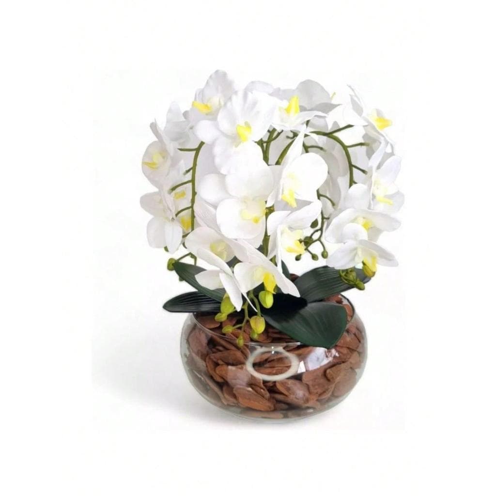 Arranjo Grande Lindo para Centro de Mesa 4 Hastes - Galhos de Orquídeas Branca Permanente com Vaso de Vidro Terrário.