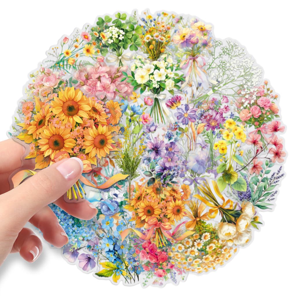 [Estoque pronto] 50 folhas transparentes adesivos de buquê de animais de estimação flor de desenho animado Graffiti deco