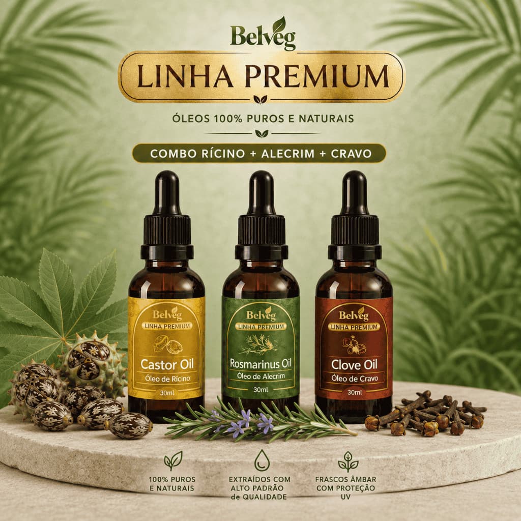 Kit COMBO 3 Óleos Rícino Alecrim e Cravo Belveg 100% Vegetal Cabelo Pele Barba Hidratação Fungos Acne