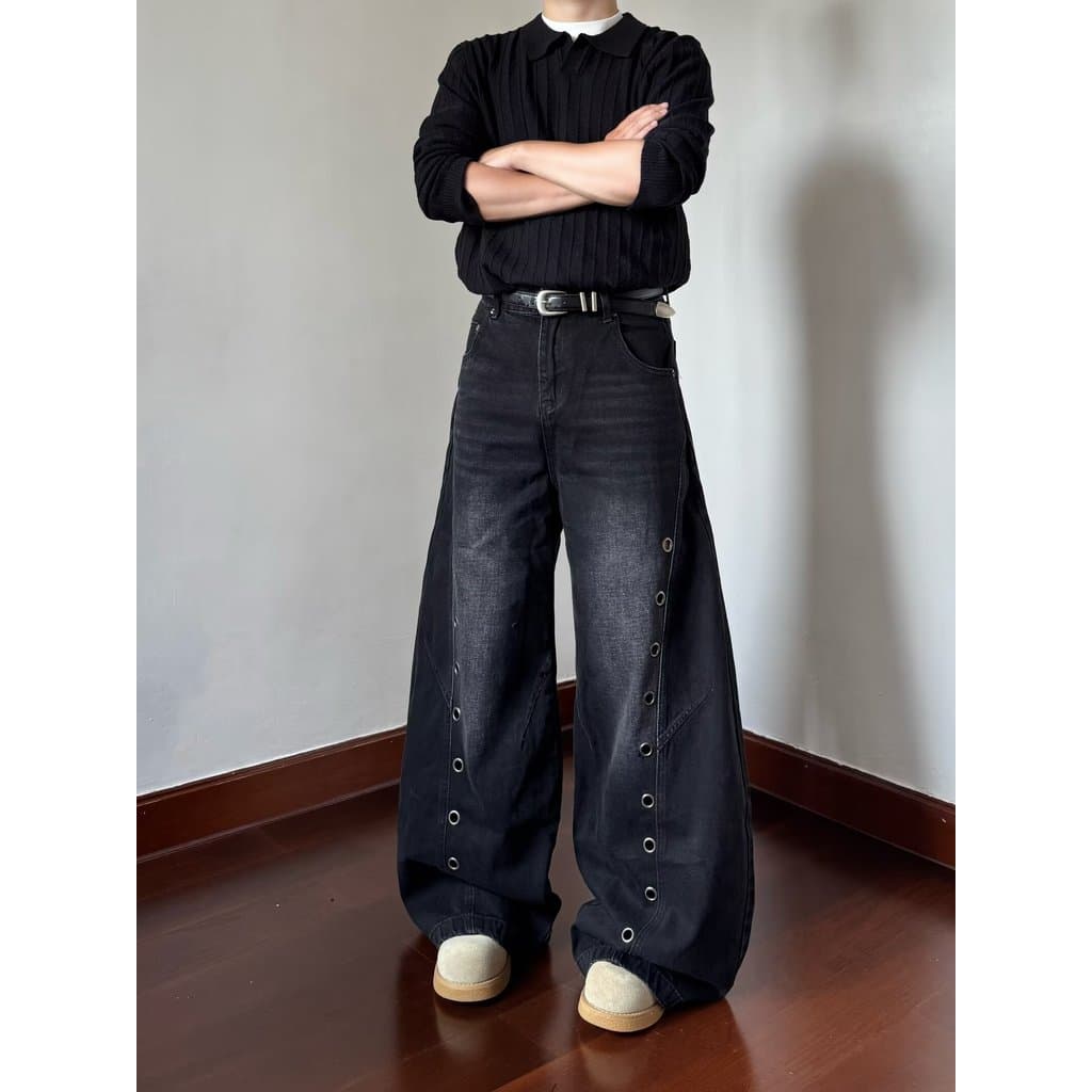 Americano Retro botão Machete calças Jeans feminino solto Drape Casual calças de perna larga Design sentimento calças de