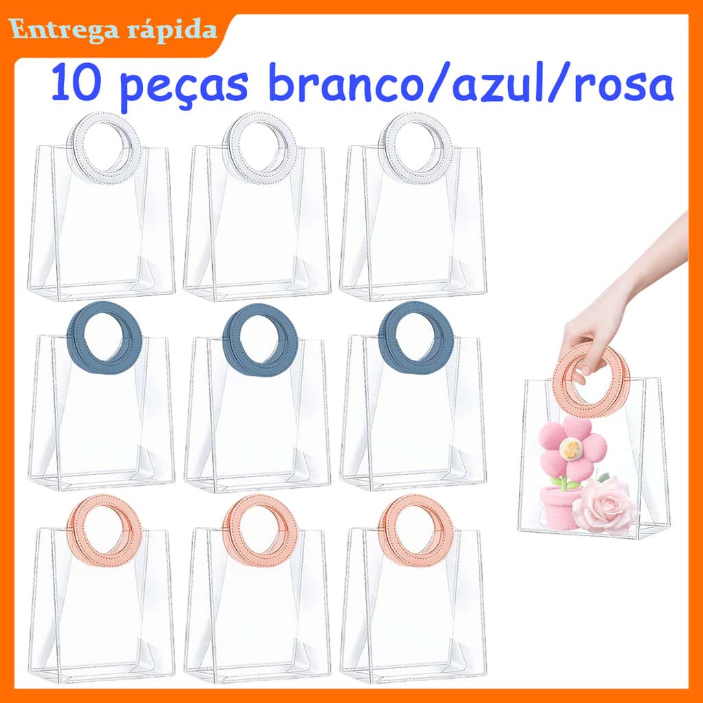 22x21x11 cm, 10 pçs de sacola plástica transparente (com alça de anel), indicada para casamentos e festas de aniversário